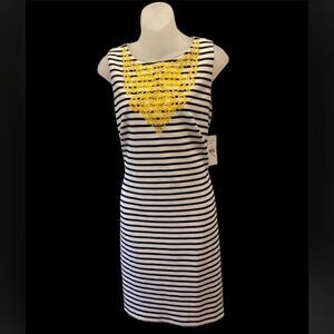 J. Howard Black White Yellow Striped Dress Business Casual Wedding Casual 10 NWT